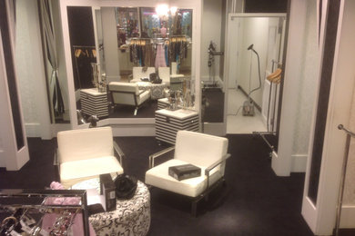 Inspiration for a modern carpeted closet remodel in Los Angeles