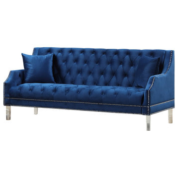 Fern Tufted Velvet Upholstered Sofa, Navy Blue