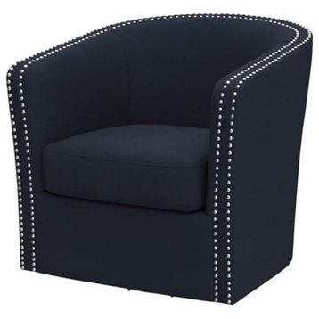 Contemporary Accent Chair, Swivel Function With Nailhead Trim, Blue and Black