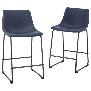 2 Pack Bar Stool, Metal Frame With Contoured PU Leather Seat, Blue, 24"