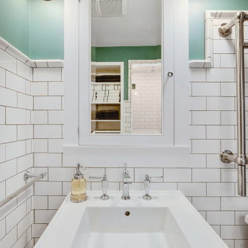 Craftsman Subway Tile Bathroom with Custom Mosaic Floor
