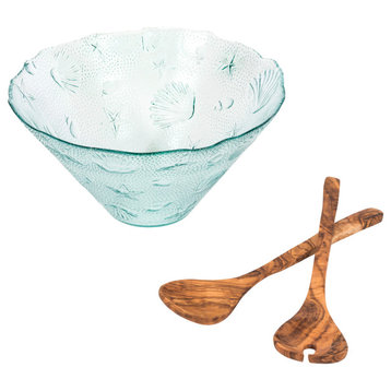 French Home Recycled Glass 12"W x 6"H, Coastal Salad Bowl and Olive Wood Servers