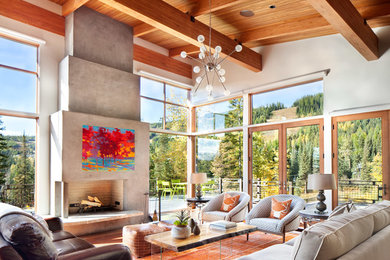 Living room - rustic formal and open concept medium tone wood floor living room idea in Other with white walls and no tv