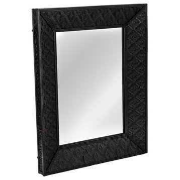 Handwoven Natural Rattan Rectangle Wall Mirror, Black