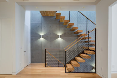 Example of a mid-sized minimalist wooden floating open, cable railing and wall paneling staircase design in San Francisco
