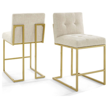 Side Dining Chair, Set of 2, Fabric, Metal, Gold Beige, Cafe Bistro Restaurant