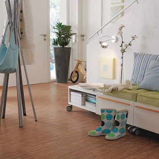 シカゴの中サイズの片開きドアシャビーシック調のおしゃれな玄関ドア (白い壁、コルクフローリング、白いドア) の写真