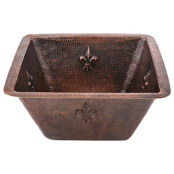 15" Square Fleur De Lis Copper Bar/Prep Sink With  2" Drain Size, 3.5"