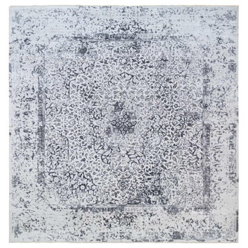 Gray Erased Persian Design Wool and Silk Hand Knotted Square Rug, 12'0" x 12'0"