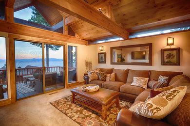 Living room - small rustic open concept carpeted living room idea in Other with white walls, a concrete fireplace and a wall-mounted tv