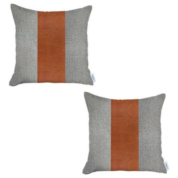 Set of 2 White And Brown Faux Leather Pillow Covers