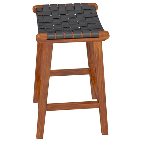 Appleton Mid-Century Modern Woven Leather Dining Room Bar Stool in Black