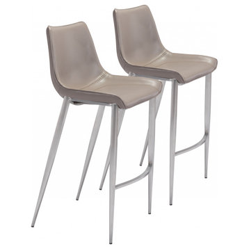 Set of Two Gray Faux Leather and Steel Modern Stitch Bucket Bar Chairs