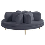Meridian Furniture - Circlet Velvet Upholstered Roundabout Sofa, Gray - Bring untold elegance to your room with this Circlet velvet roundabout sofa. This exceptionally crafted piece of furniture is upholstered with soft grey velvet material that's sumptuous to the touch. The four back cushions and matching pillows are comforting to the back as you and guests sit, and the gold iron legs make the sofa a sturdy addition to your room.