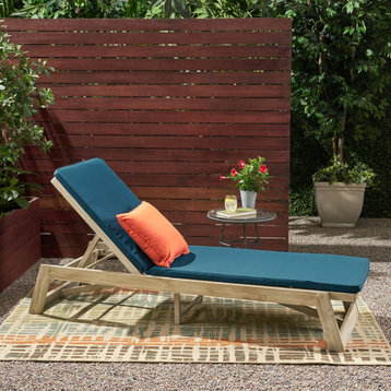 Adelaide Outdoor Acacia Wood Chaise Lounge and Cushion Set, Blue