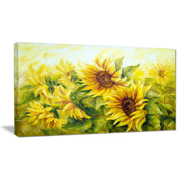 "Bright Yellow Sunny Sunflowers Floral" Painting Canvas Print, 32"x16"