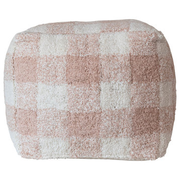 Cotton Tufted Pouf With Plaid Pattern, Blush and Cream