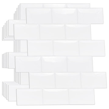Pure White Glossy Subway Metro Classic Brick 3D Tile Sticker, 12"x6", Set of 20