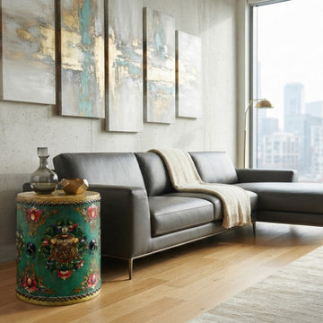 Teal Turquoise Green Tibetan Drum Style Lotus Jewel Graphic Table Stool GB725