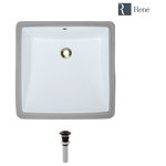 Rene - R2-1003 Square Porcelain Bathroom Sink, Biscuit, White, Antique Bronze Drain - This attractive, white, porcelain basin is designed to be mounted under the counter in a flush, positive, or negative reveal. Wide and narrow, its vitreous china finish glistens with charm and durability. The R2-1003-W is constructed of solid porcelain but with a special additional enamel added at the end of its firing, turning it into a hardened, true, vitreous china. On its own, porcelain is both beautiful and durable, but the additional vitreous china coating creates an even more impervious and sanitary surface. It measures 17" x 17 1/2" x 7 1/2", with an offset drain and overflow. With a simple press to its handsome, antique bronze dome; the included, spring-loaded, pop-up drain can be opened or closed.