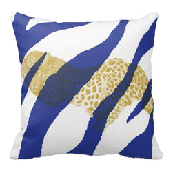 Tomova Jai Designs - Leopard Covered Zebra Decorative Pillow, Dazzling Blue and White - Decorative Pillows