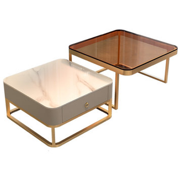 Gold/Black Nordic Coffee Table For Living Room, Gold Shelf + Brown Glass