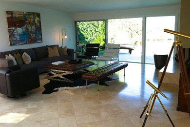 Mid-sized minimalist open concept marble floor living room photo in Los Angeles with gray walls, a corner fireplace, a stone fireplace, a wall-mounted tv and a music area