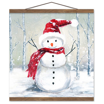 Winter Snowman 16 x 16 Teak Hanging Canvas
