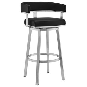 Lorin Black Faux Leather and Brushed Stainless Steel Swivel Bar Stool, 30 Inch