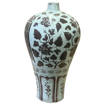 Chinese Oriental Brown Off White Base Graphic Ceramic Vase Hws2520