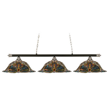 Oxford 3 Light In Chrome and Matte Black, 19" Kaleidoscope Tiffany Glass
