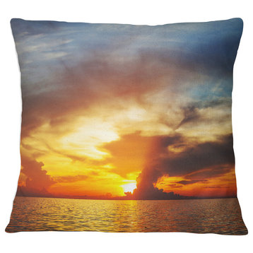 Fiery Sky at Sunset Over Sea Modern Seashore Throw Pillow, 16"x16"