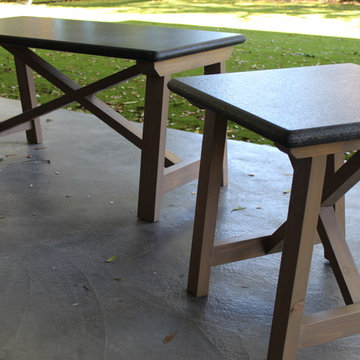 Outdoor patio furniture with granite tops and cedar wood base