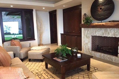 Living room - mid-sized formal and open concept ceramic tile and beige floor living room idea in Hawaii with white walls, a standard fireplace, a stone fireplace and no tv