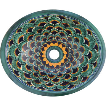 Mexican Talavera Ceramic Hand Painted Bathroom Oval Sink Green Peacock