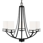 Generation Lighting - Generation Lighting 3121605 Robie 5 Light 24"W Chandelier - Midnight Black - Features: Constructed from steel Includes etched glass shades Sloped ceiling compatible Requires (5) 75 watt maximum Medium (E26) bulbs Dimmable with compatible dimming bulbs Includes 36" adjustable chain Made in China ETL listed for installation in damp locations Meets California Title 24 energy standards Dimensions: Height: 23-3/8" Maximum Height: 61-7/8" Width: 24-1/8" Product Weight: 10.12lbs Chain Length: 36" Wire Length: 72" Shade Height: 6-1/8" Shade Width: 3-1/2" Canopy Height: 7/8" Canopy Width: 5" Electrical Specifications: Max Wattage: 375 watts Number of Bulbs: 5 Max Watts Per Bulb: 75 watts Bulb Base: Medium (E26) Voltage: 120 Bulbs Included: No