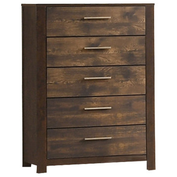 Benzara BM232621 48" 5 Drawer Wooden Chest With Grains, Rustic Brown