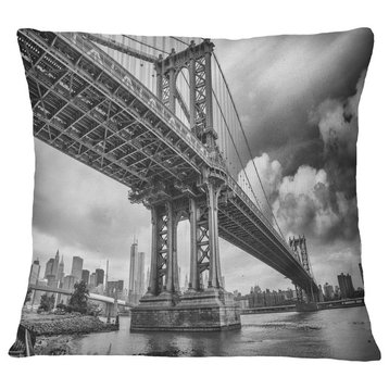 Manhattan Bridge in Gray Shade Cityscape Photo Throw Pillow, 16"x16"