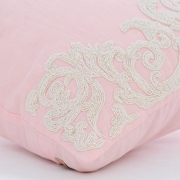 Pink Cotton Linen 18x18 Beaded Floral Border Throw Pillows Cover, Pink Inspire
