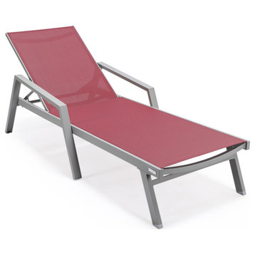 LeisureMod Marlin Patio Chaise Lounge Chair With Arms Gray Frame, Burgundy