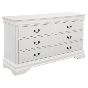 Double Dresser, Crown Molded Top and 6 Drawers With Unique Pull Handles, White