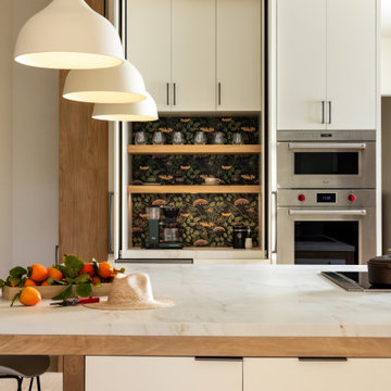 Hidden Coffee Bar with Accent Dark Wallpaper in Contemporary Kitchen