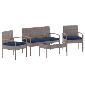 Aransas Series 4 Piece Patio Set with Steel Frame and Cushions, Light Gray/Navy