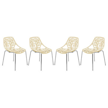 LeisureMod Asbury Plastic Dining Chair With Chromed Legs Set of 4, Cream