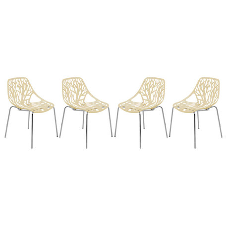 LeisureMod Asbury Plastic Dining Chair With Chromed Legs Set of 4, Cream