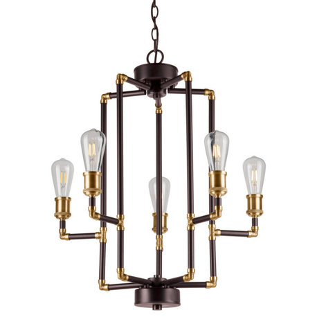 5-Light Industrial Chandelier, Black and Antique Brass