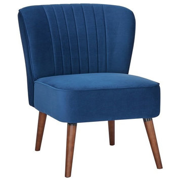 Armless Accent Chair, Pine Wood Frame With Velvet Seat and Channeled Back, Blue
