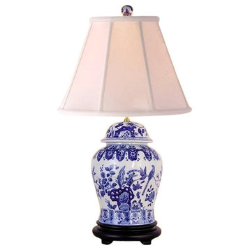 Blue and White Porcelain Temple Jar Table Lamp Chinoiserie Bird 29"