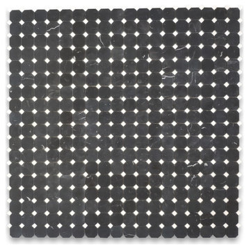 Nero Marquina Black Marble 2" Octagon Mosaic Tile Thassos White Honed, 1 sheet