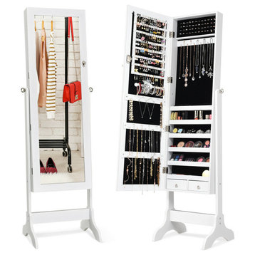 Costway Lockable Mirrored Jewelry Cabinet Storage Organizer Box w/Drawers White
